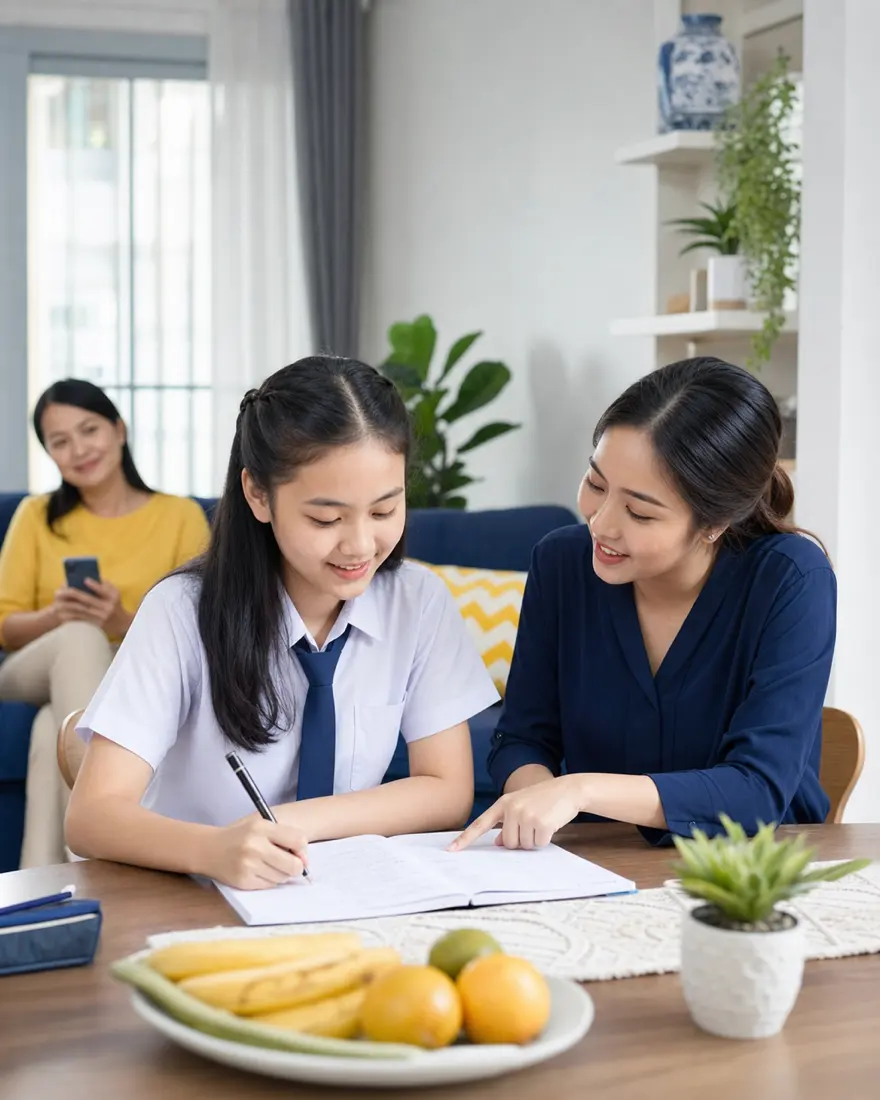 Siswa SMP belajar privat di rumah bersama tutor Teman Tutor, ditemani orang tua