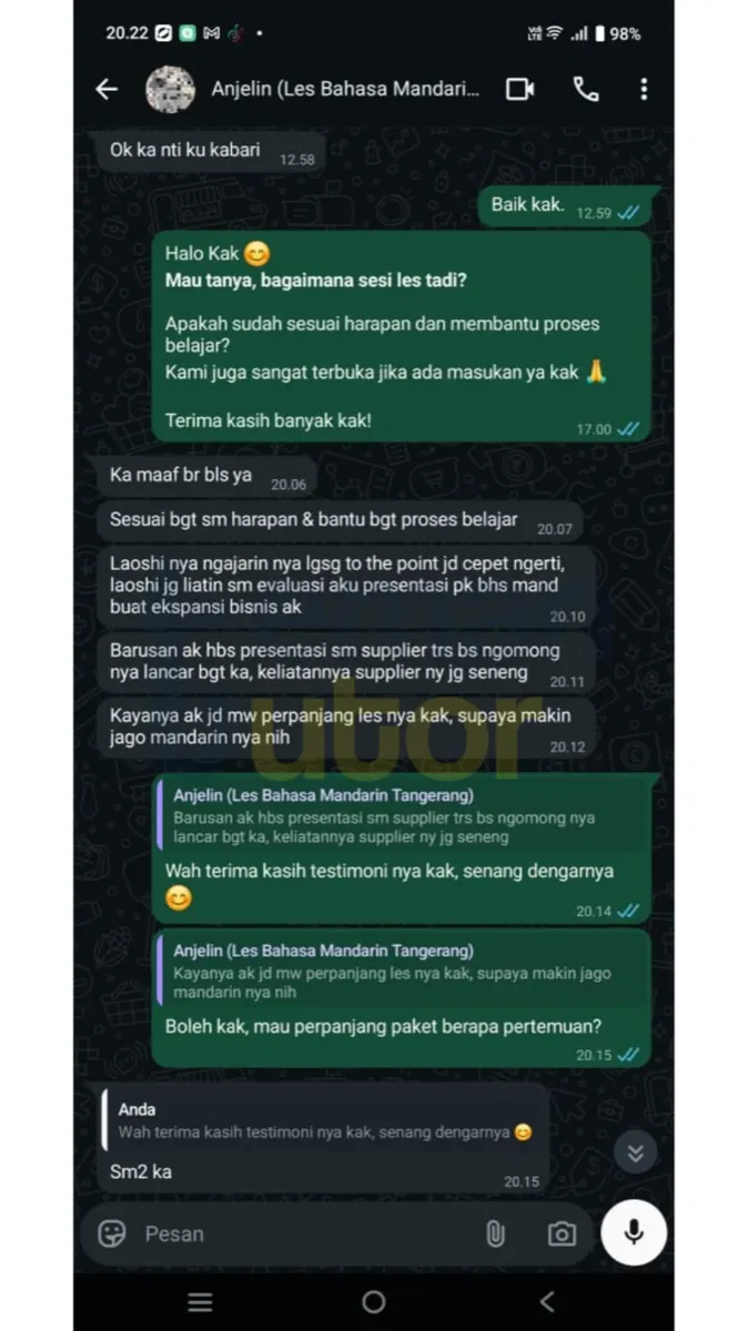 Laoshi-nya ngajarin langsung to the point jadi cepat ngerti, sekaligus bantu evaluasi presentasi bahasa Mandarin saya untuk ekspansi bisnis. Presentasi ke supplier jadi lancar banget.