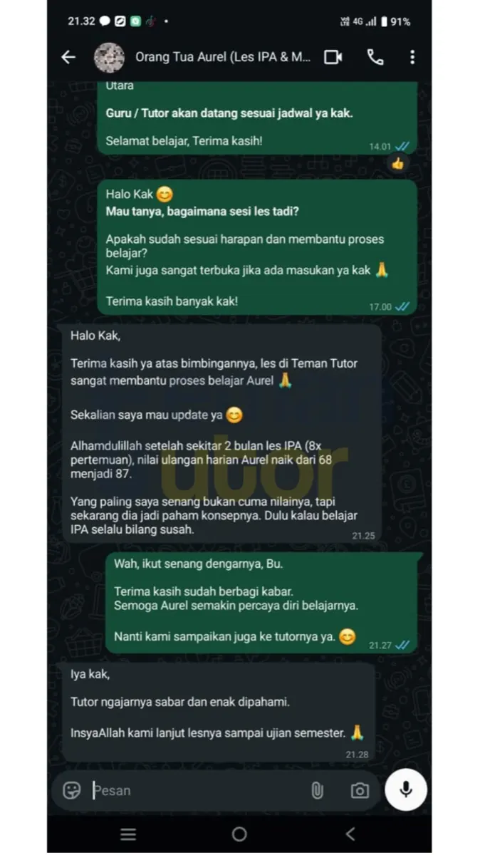 Setelah sekitar 2 bulan les IPA (8x pertemuan), nilai ulangan harian Aurel naik dari 68 menjadi 87. Yang paling saya senang bukan cuma nilainya, tapi sekarang dia jadi paham konsepnya.