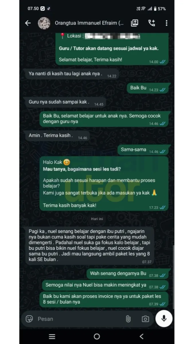 Nuel senang belajar dengan tutornya. Ngajarinnya bukan cuma kasih soal, tapi pakai cerita yang mudah dimengerti. Padahal biasanya dia suka nggak fokus kalau belajar. Jadi mau langsung ambil paket les 8 kali sebulan.