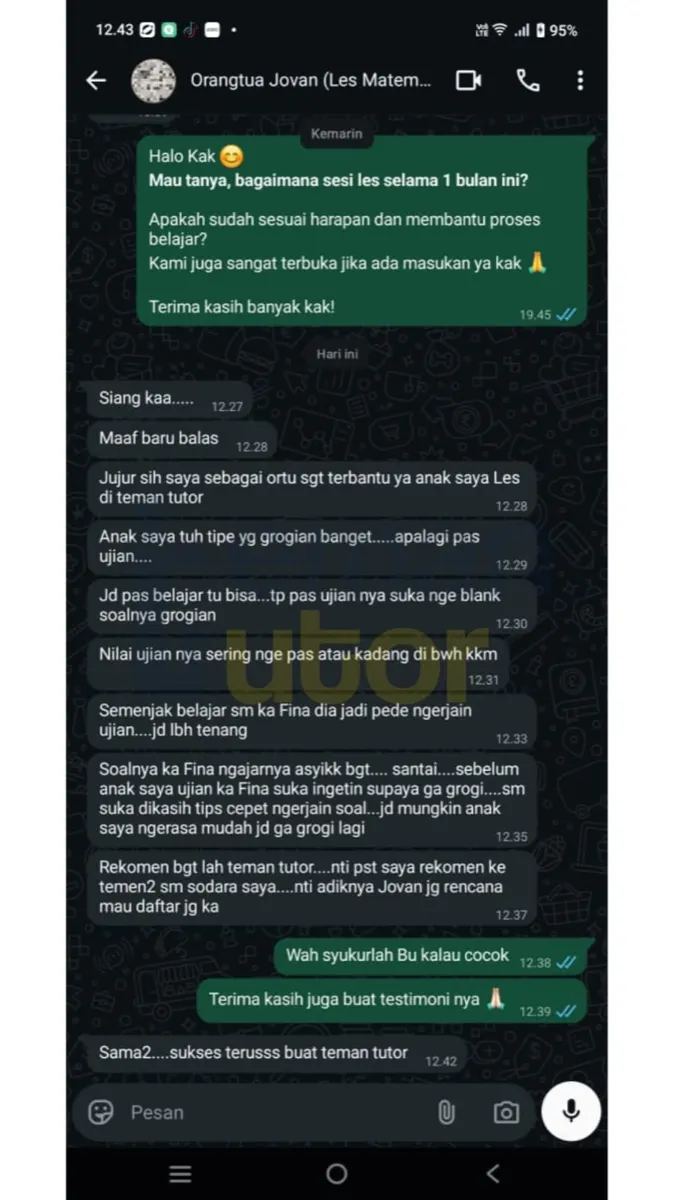 Anak saya tipe yang grogian banget, apalagi pas ujian. Semenjak belajar dengan tutor Teman Tutor dia jadi pede ngerjain ujian dan lebih tenang. Rekomen banget, adiknya juga rencana mau daftar.