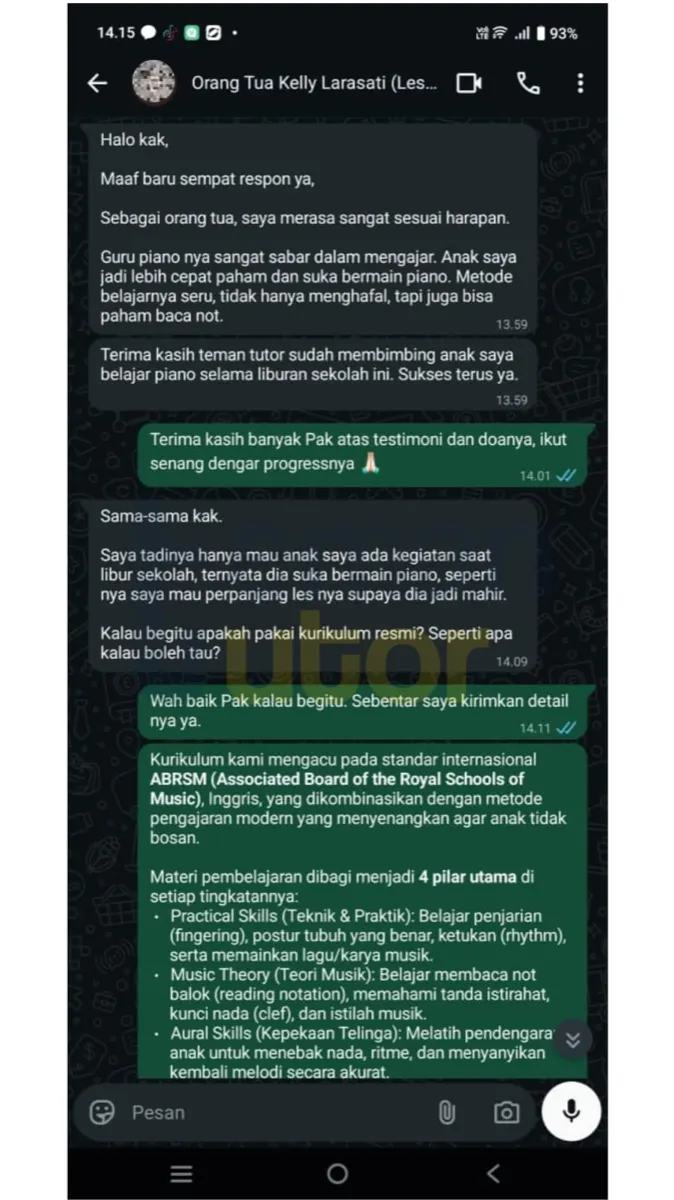 Guru pianonya sangat sabar dalam mengajar. Anak saya jadi lebih cepat paham dan suka bermain piano. Metode belajarnya seru, tidak hanya menghafal, tapi juga bisa paham baca not.