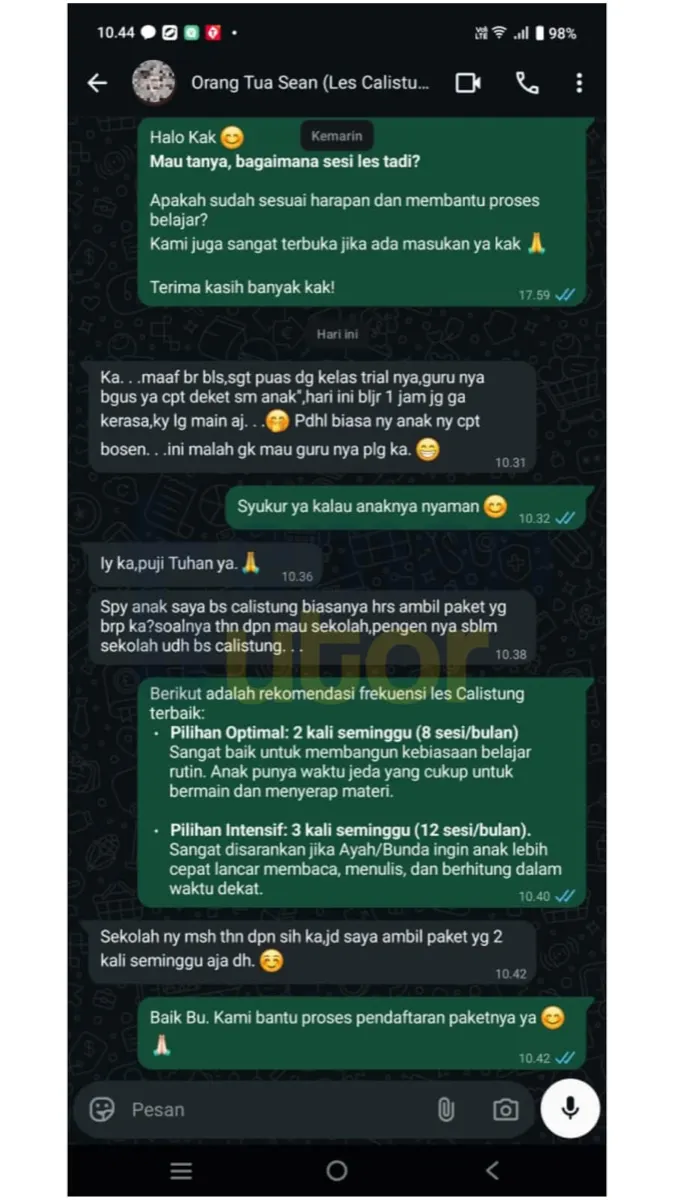 Sangat puas dengan kelas trial-nya, gurunya bagus dan cepat dekat sama anak. Hari ini belajar 1 jam juga nggak kerasa, kayak lagi main aja. Padahal biasanya anaknya cepat bosan, ini malah nggak mau gurunya pulang.
