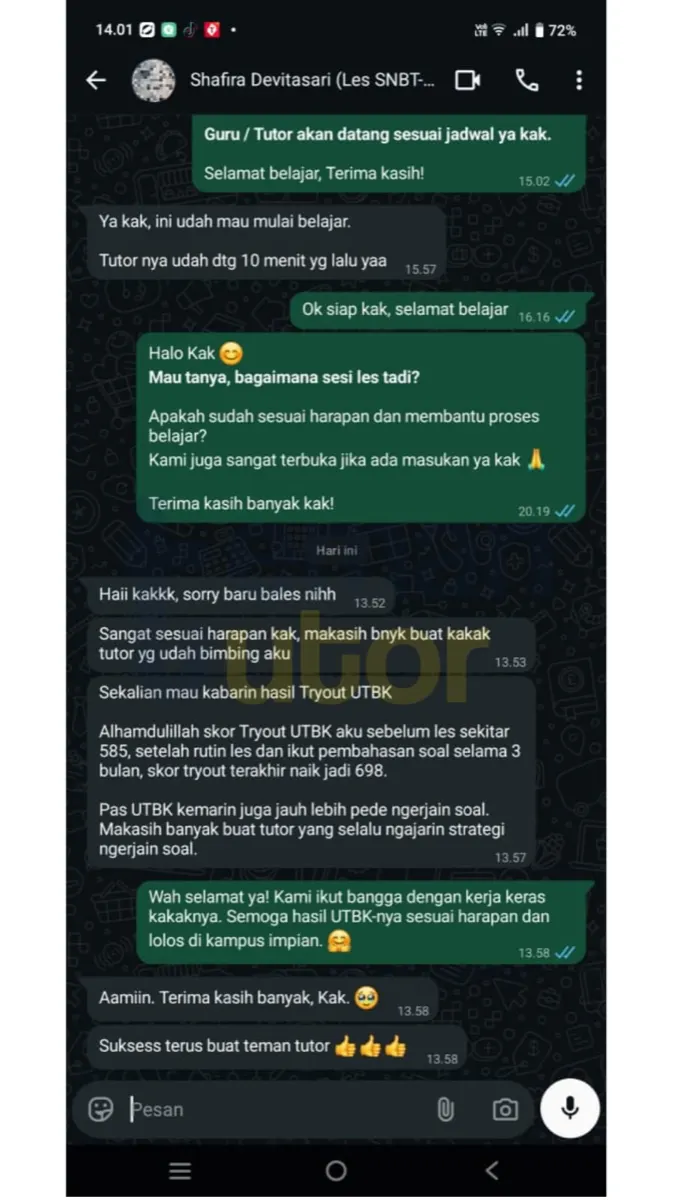 Skor tryout UTBK sebelum les sekitar 585. Setelah rutin les dan pembahasan soal selama 3 bulan, skor tryout terakhir naik jadi 698. Pas UTBK juga jauh lebih pede ngerjain soal.