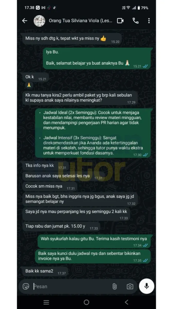 Miss-nya baik banget, bahasa Inggrisnya juga bagus, anak saya jadi semangat belajar. Jadinya saya mau perpanjang les yang seminggu 2 kali.